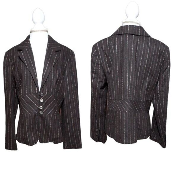 J. Jill Brown Blazer Pink Print Stripes Wool Blend Front Buttons Jacket Sz 12 - Picture 2 of 10